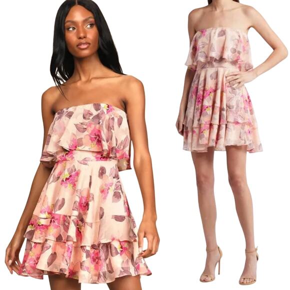 Lulus Perfect Paradise Floral Mini Dress Strapless Jacquard Pink NEW Womens S - Picture 1 of 12